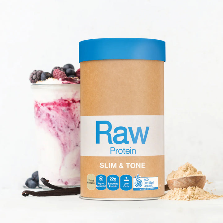 Amazonia Raw Protein Slim and Tone Protein 500g Front with ice cream and poweder