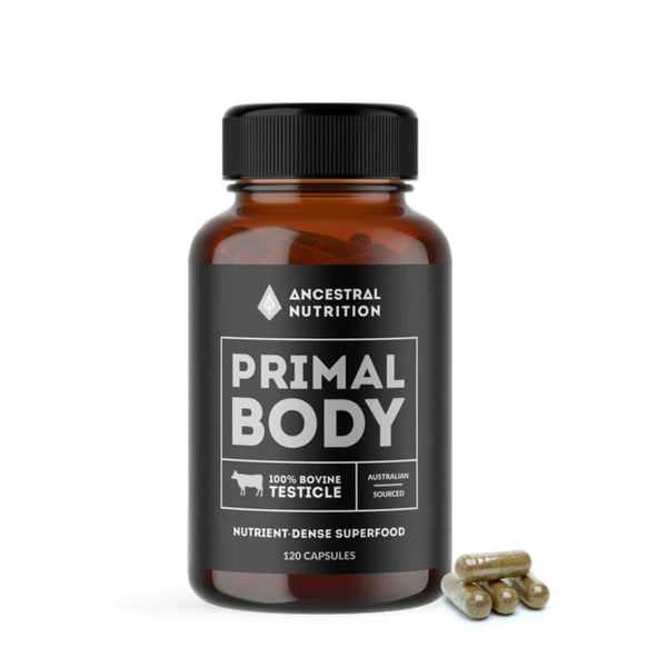 Brown supplement bottle labeled 'Primal Body' by Ancestral Nutrition on a white background.