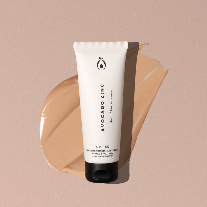 Avocado Zinc SPF 50 Natural Tinted Moisturiser Light Medium 50ml with background