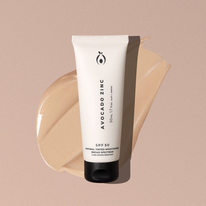 Avocado Zinc SPF 50 Natural Tinted Moisturiser Light 50ml with light background