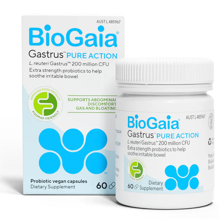 BioGaia Gastrus Pure Action probiotic supplement packaging on a white background