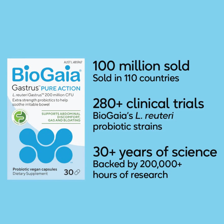 BioGaia Gastrus Pure Action supplement packaging with text on a blue background