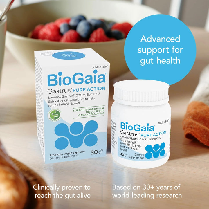 BioGaia Gastrus Pure Action probiotic supplement with packaging on a table.