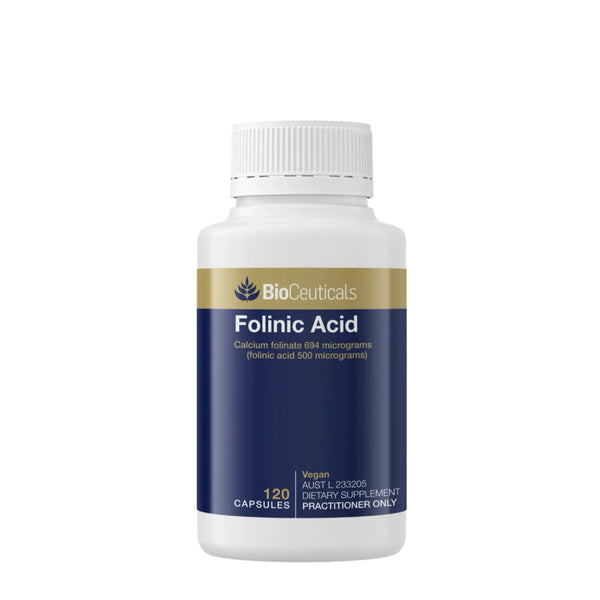 Supplement bottle labeled 'Folinic Acid' by BioCeuticals on a white background