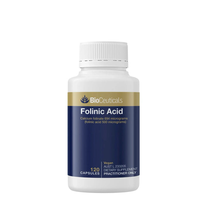 Supplement bottle labeled 'Folinic Acid' by BioCeuticals on a white background