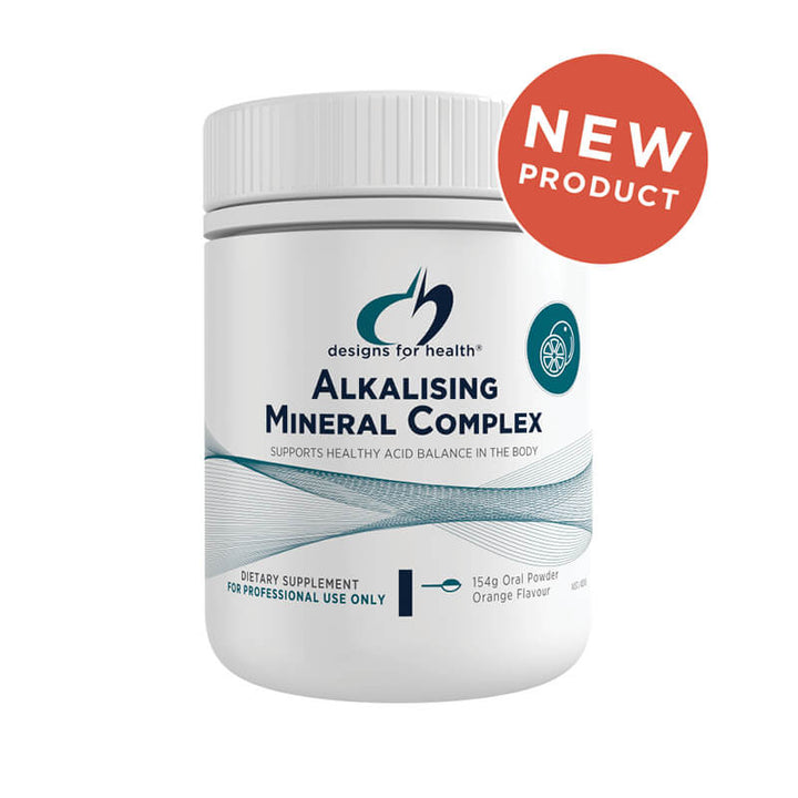 Supplement container labeled 'Alkalising Mineral Complex' with 'New Product' label on a white background