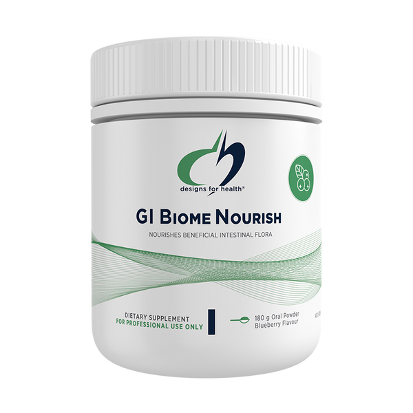 Supplement container labeled 'GI Biome Nourish' by Designs for Health on a white background