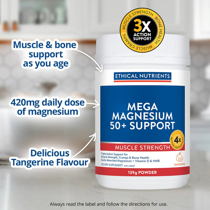 Supplement bottle labeled 'Mega Magnesium 50+ Support' by Ethical Nutrients with text highlighting benefits.