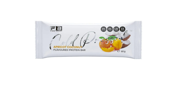 Protein bar packaging with apricot and coconut flavor on a white background