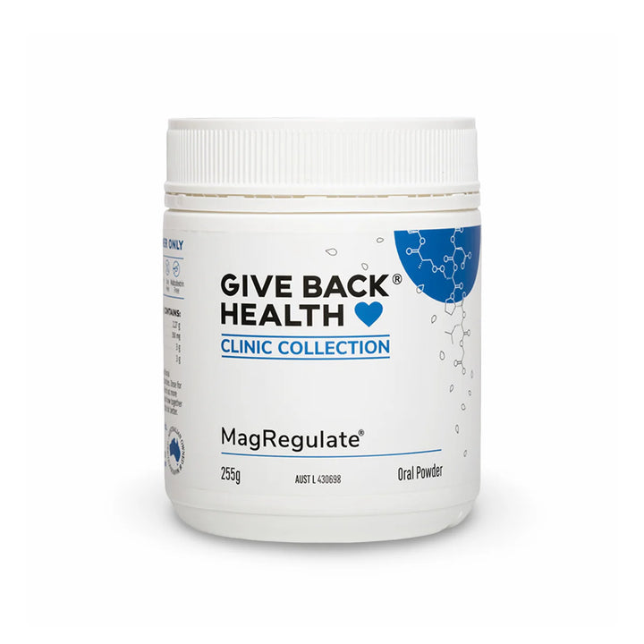 Container of Give Back Health MagRegulate Oral Powder on a white background