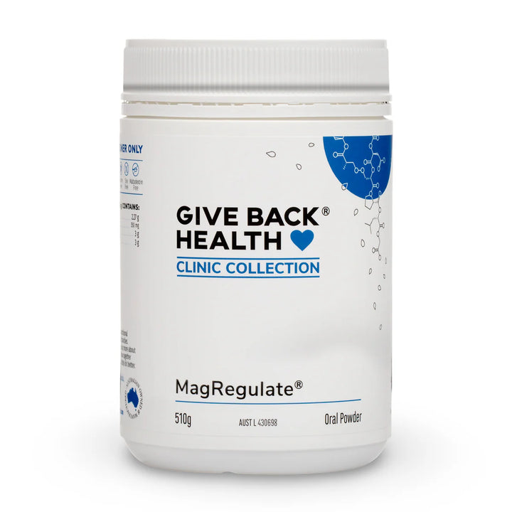 Container of MagRegulate oral powder by Give Back Health on a white background