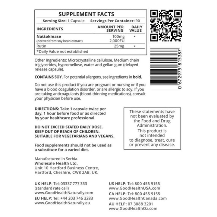 Good Health Naturally Nattokinase™ Refill Pouch Nutritional Information