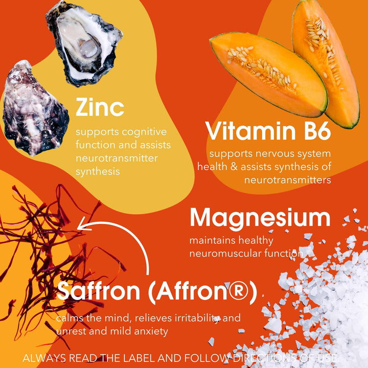 Vitamins and minerals with corresponding health benefits on an orange background