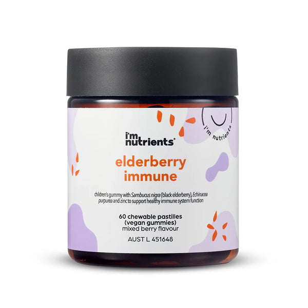 Jar of 'i'm nutrients elderberry immune' gummies on a white background