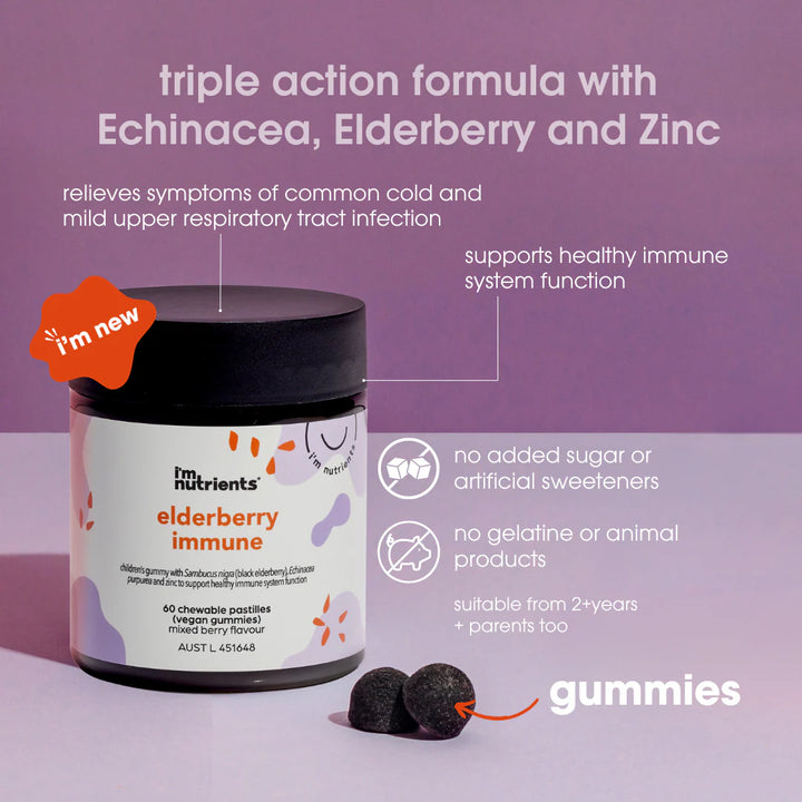 Elderberry immune gummies packaging with text on a purple background