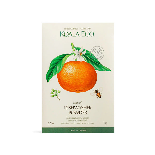 Koala Eco dishwasher powder packaging with an orange and leaf design on a beige background