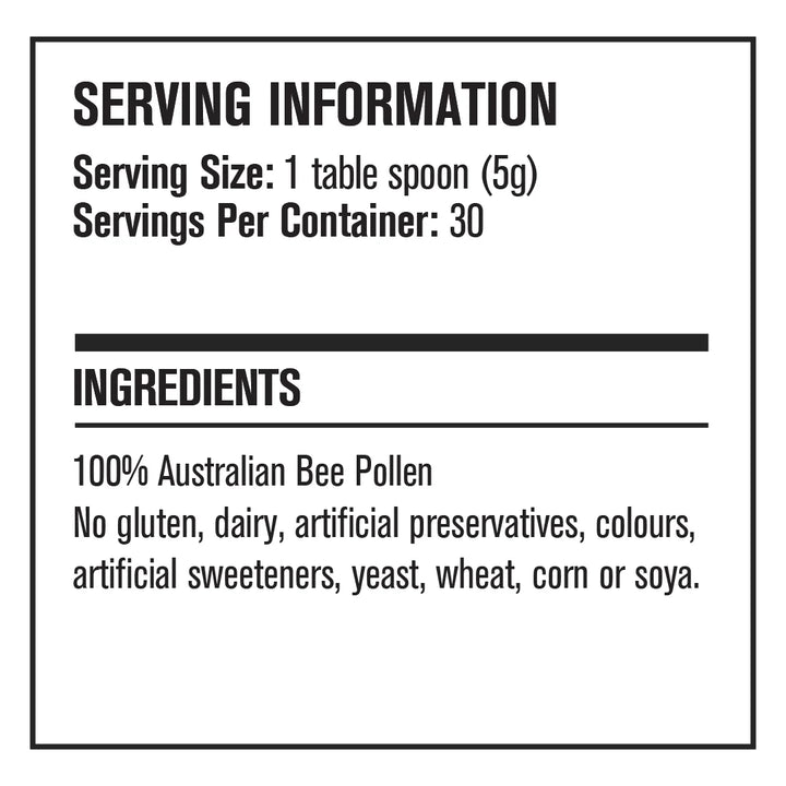 Serving information and ingredients list for a product with 100% Australian Bee Pollen.