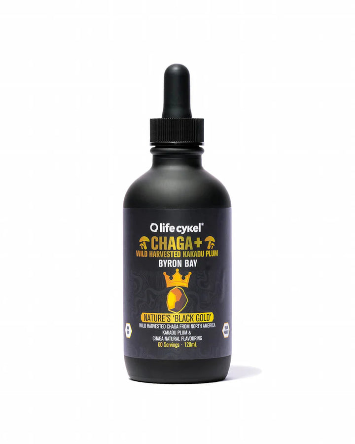 Black bottle of Olifecykel Chaga tincture on a white background