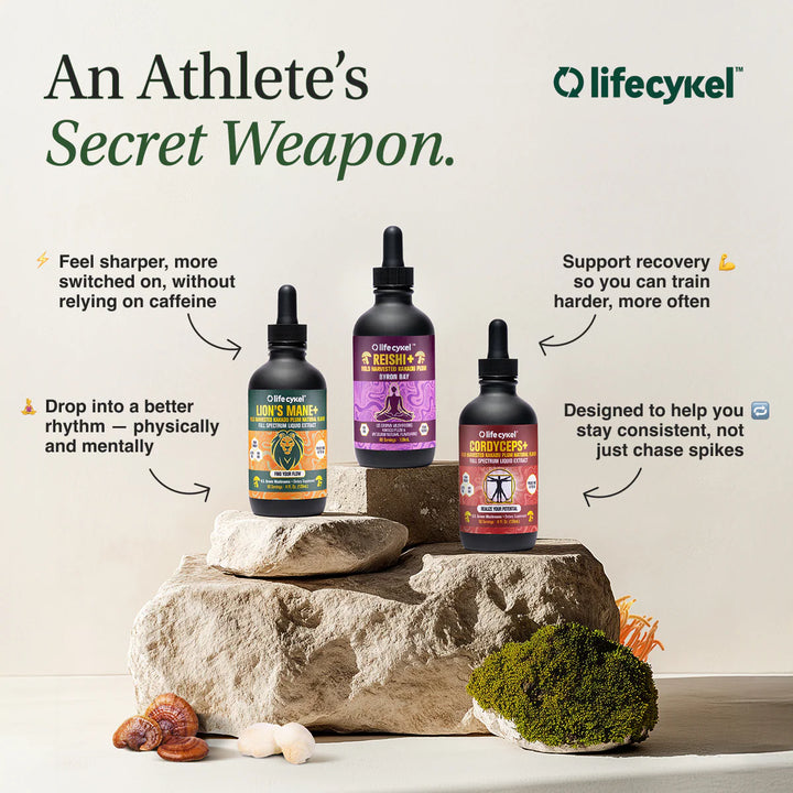 Three bottles of Lifecycel products on a rock with promotional text about their benefits.