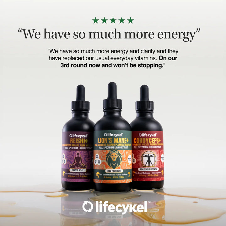Three bottles of LifeCykel supplements with a quote about energy and clarity on a white background.
