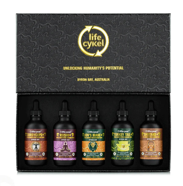 Set of five bottles with labels in a black box labeled 'lifecycle!' from Byron Bay, Australia.