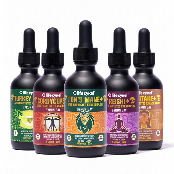 Six bottles of Olife Cykel supplements with colorful labels on a white background