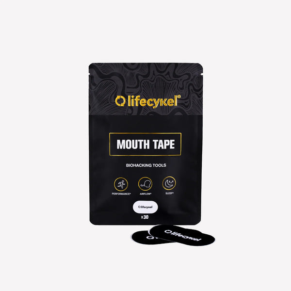 Black package of lifecykel mouth tape on a light gray background