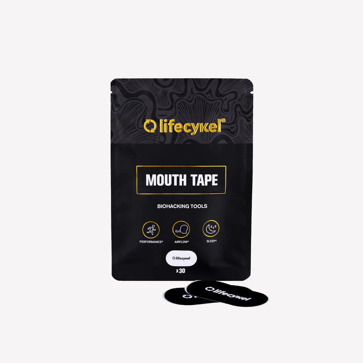 Black package of lifecykel mouth tape on a light gray background
