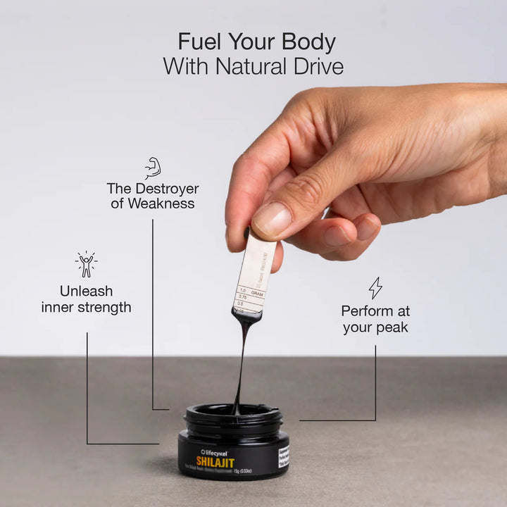Hand pouring a dropper of a black liquid into a small container with text about natural drive and strength.