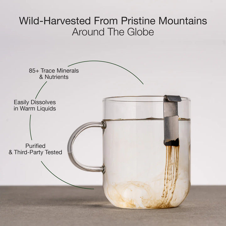 Glass mug with tea infuser on a light background, featuring text about water quality.