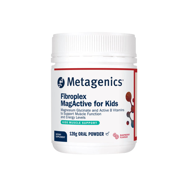 Metagenics Fibroplex MagActive for Kids supplement container on a white background