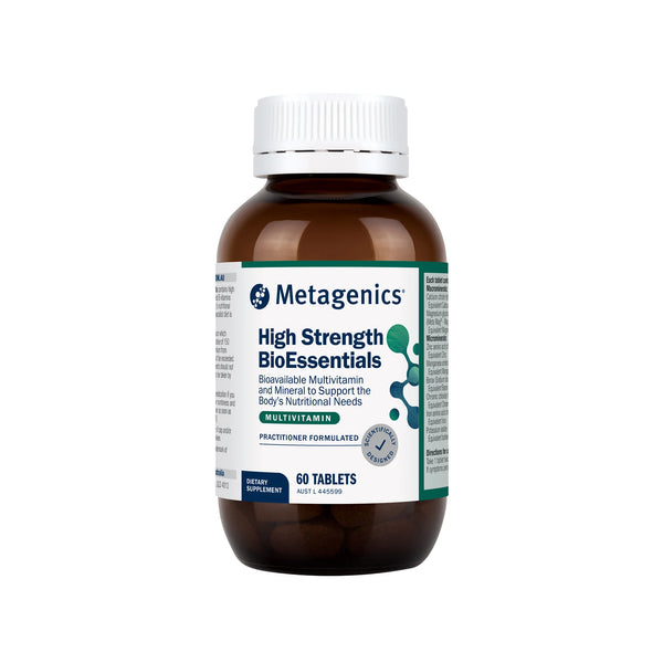 Metagenics High Strength BioEssentials supplement bottle on a white background
