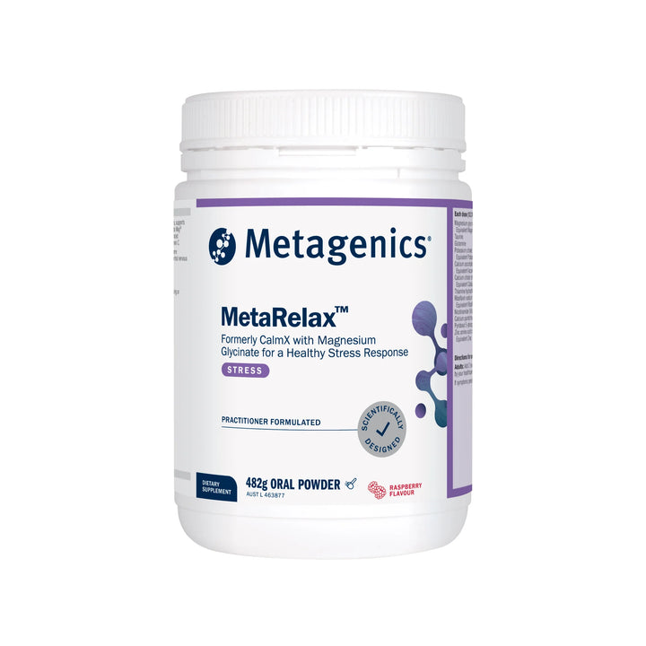 Metagenics MetaRelax supplement container on a white background