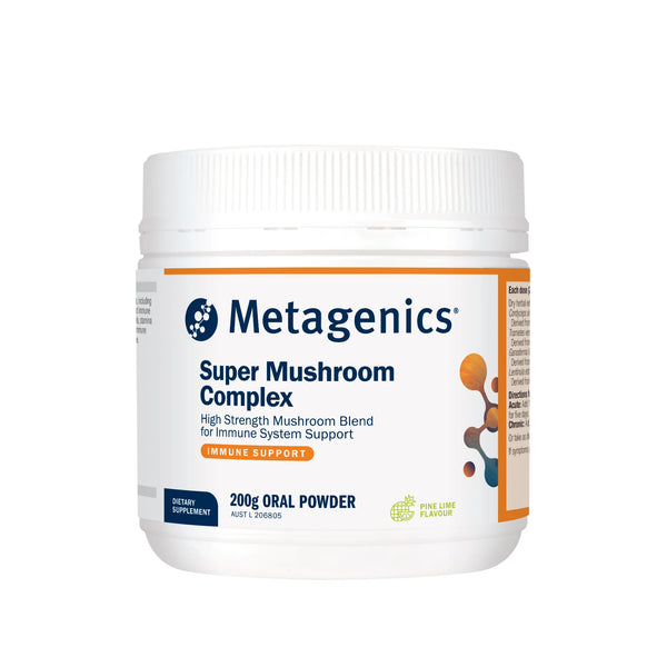 Metagenics Super Mushroom Complex supplement container on a white background