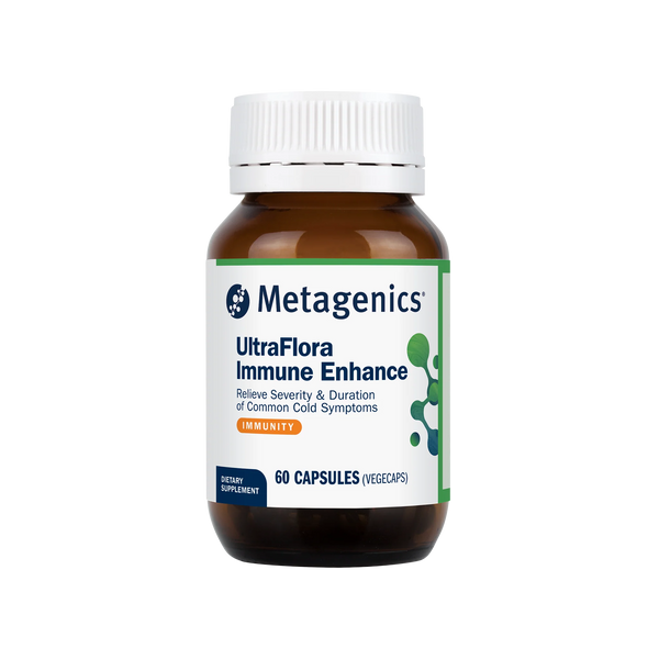 Metagenics UltraFlora Immune Enhance supplement bottle on a white background
