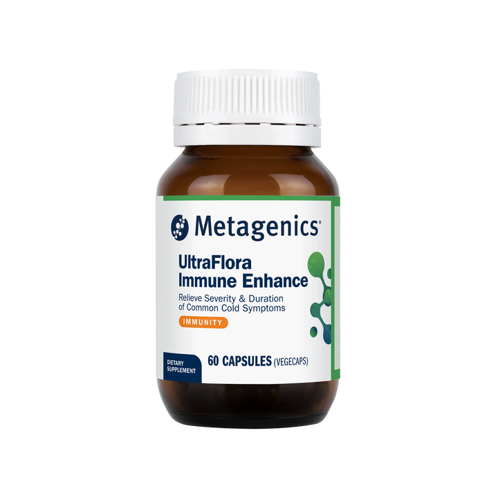 Metagenics UltraFlora Immune Enhance supplement bottle on a white background