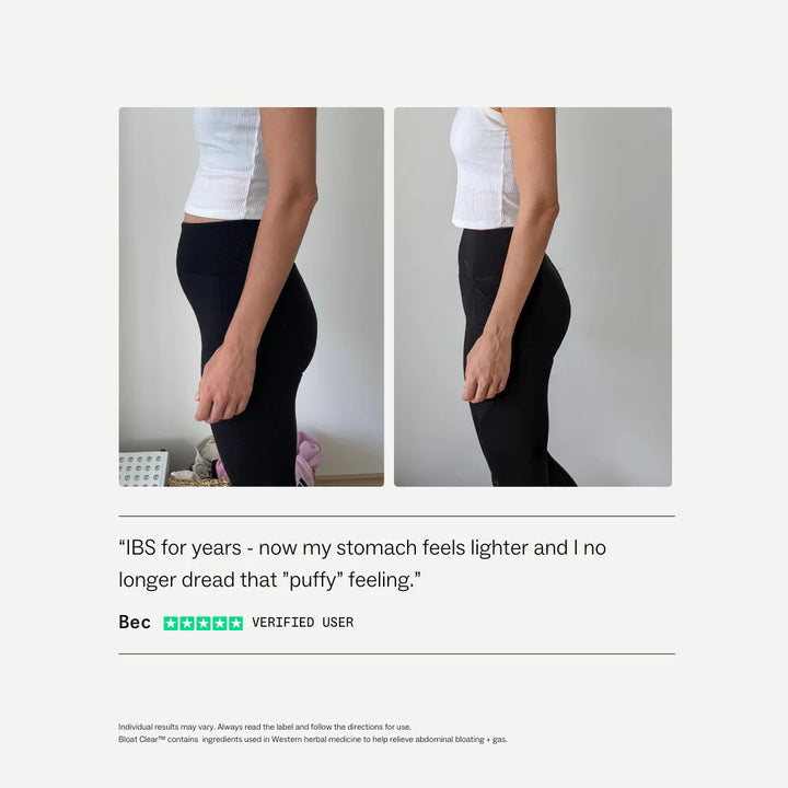Person wearing black leggings with a white background, text about IBS symptoms.