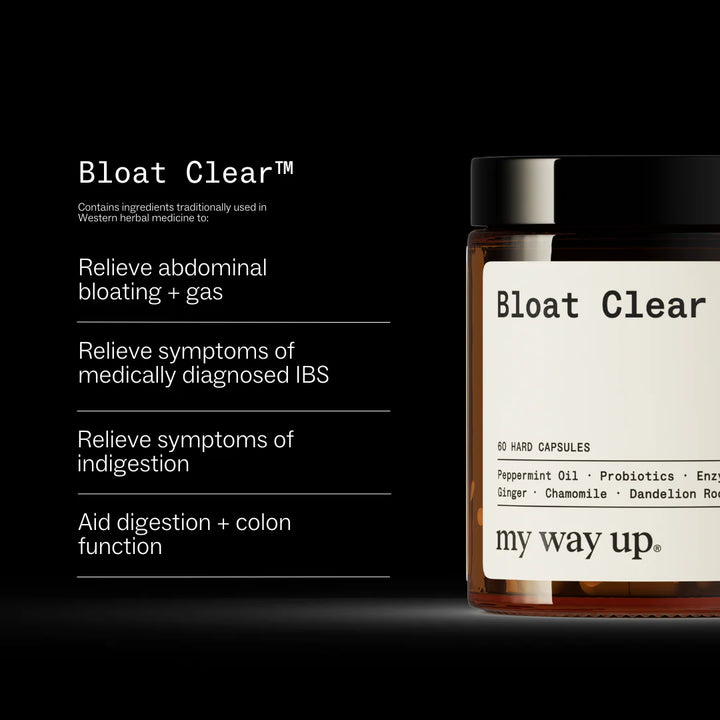 Bloat Clear supplement bottle with label on a black background