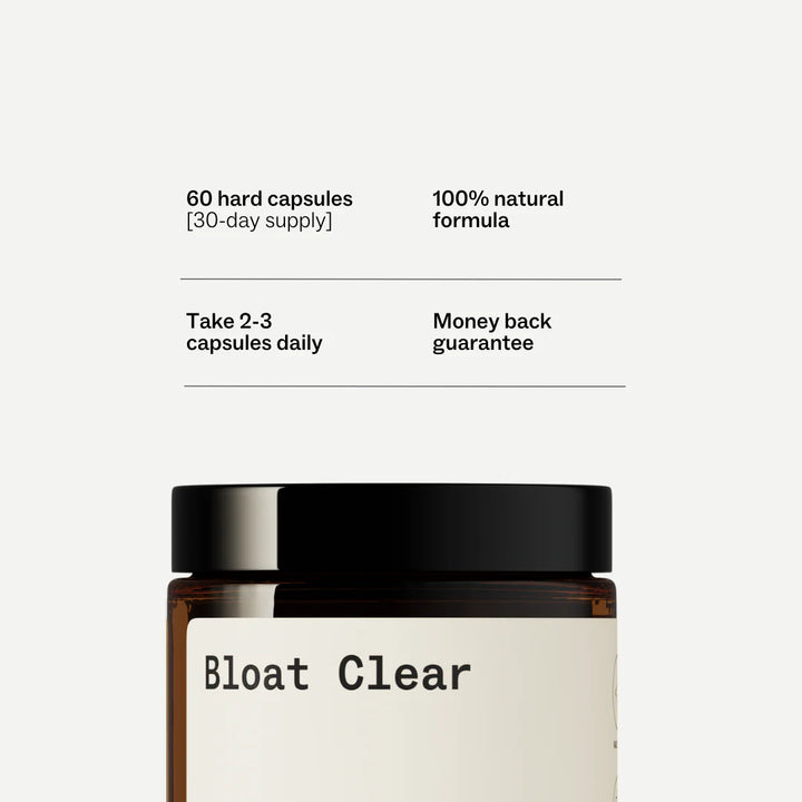 Jar of 'Bloat Clear' with product details on a white background