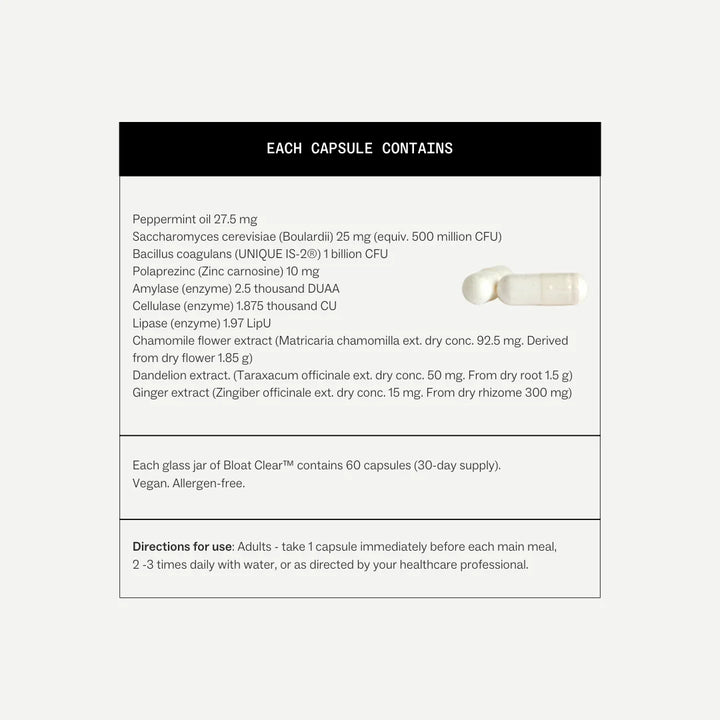 Capsule with ingredient list and directions for use on a white background