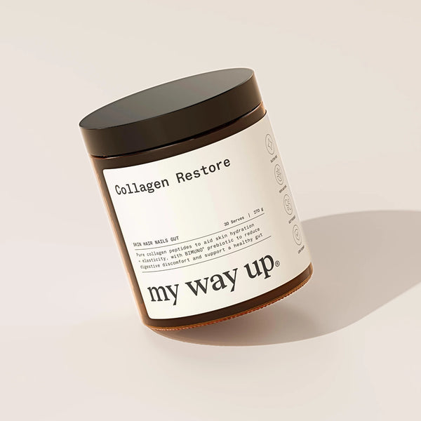 Jar of 'Collagen Restore' by 'my way up' on a light background