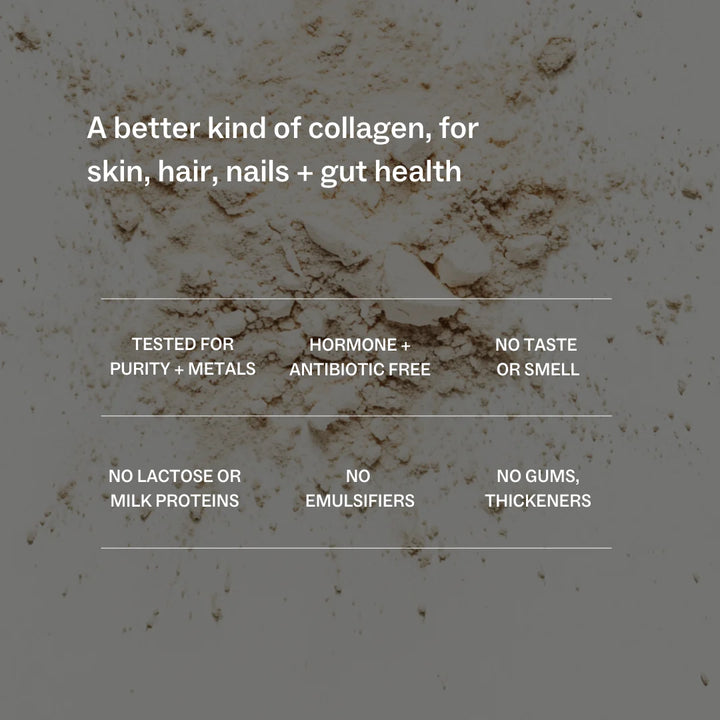 Collagen powder with text highlighting benefits on a dark background
