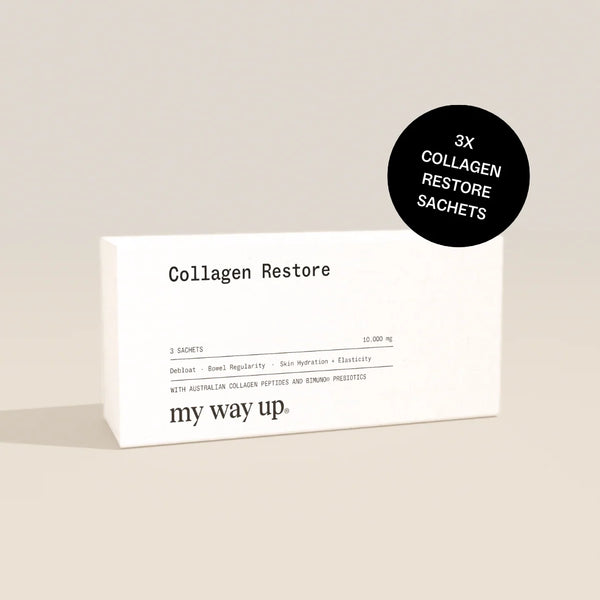 Box of Collagen Restore sachets by my way up on a beige background