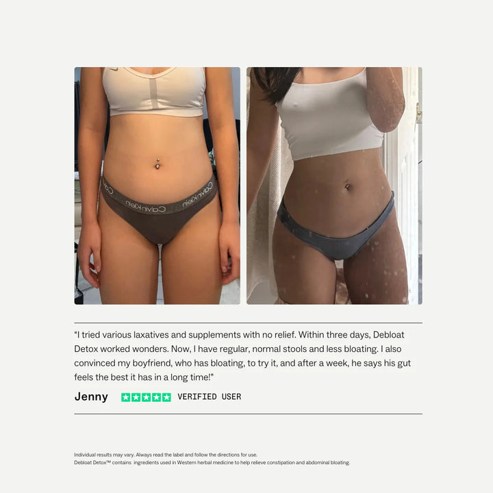 Two people wearing underwear with a testimonial below on a light gray background