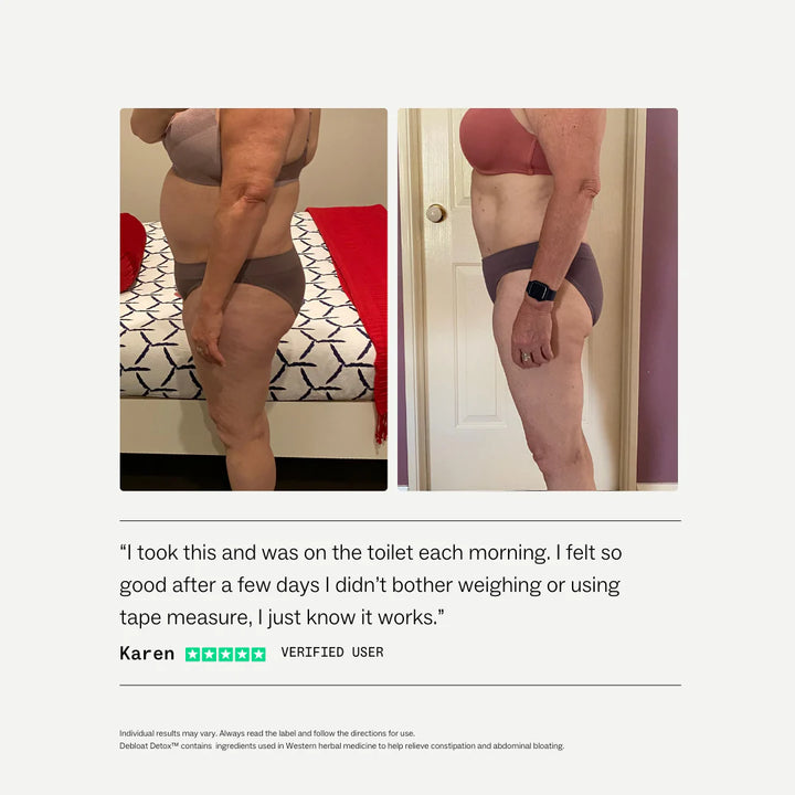 Two images of a person measuring their waist with text from a verified user.