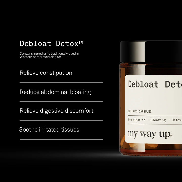 Debloat Detox supplement bottle with label on a black background