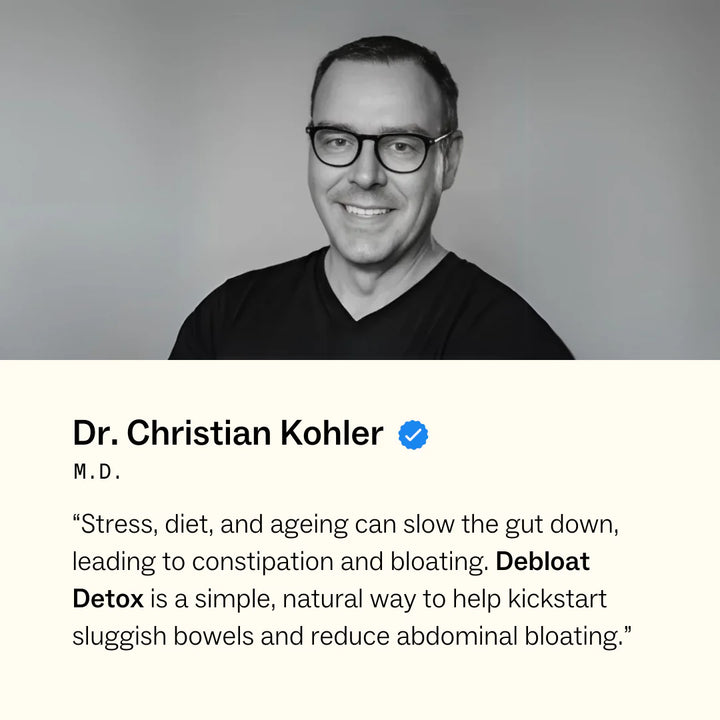 Black and white portrait of a man with text about Dr. Christian Kohler and his views on gut health.