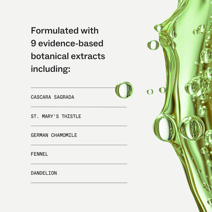 List of botanical extracts with a close-up of green liquid on a white background