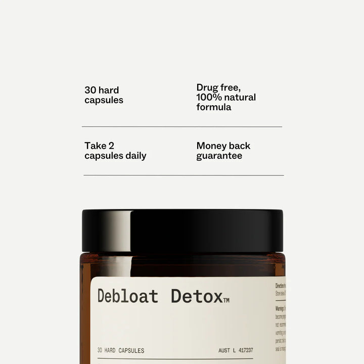 Jar of 'Debloat Detox' with product details on a white background