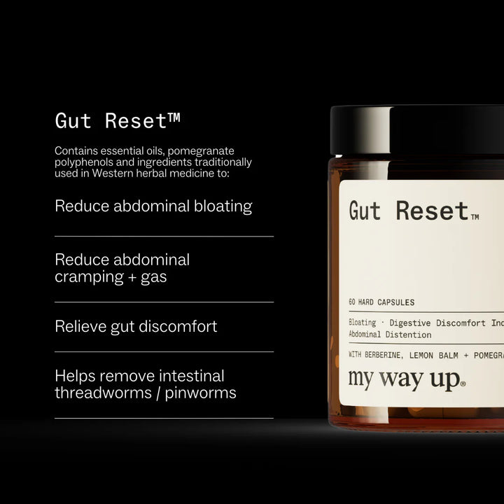 Gut Reset supplement bottle with label on a black background